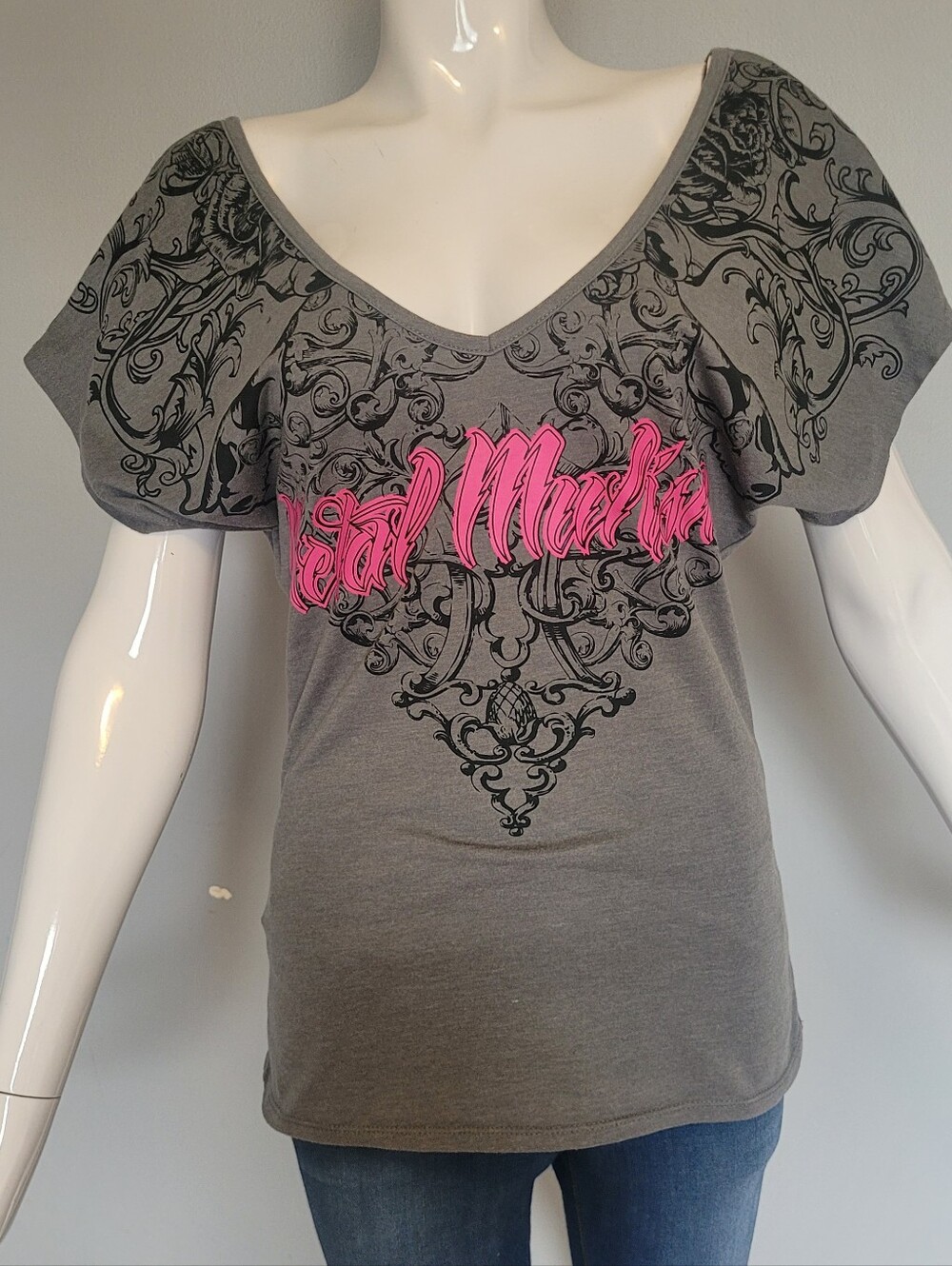 Vintage Y2K Metal Mulisha Maidens Graphic Top - Grey & Hot Pink, Size S